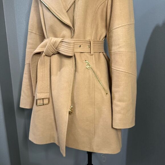 Michael Kors Asymmetrical Belted Walker Coat Wool Blend Camel Gold hardware - Picture 4 of 11